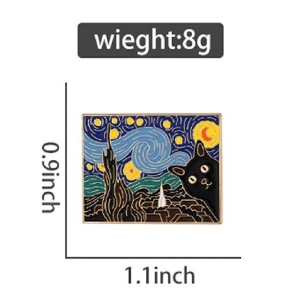 Van Gogh Cats Enamel Metal Pin The Starry Night Painting Parody Black Cat Brooch - Picture 4 of 9